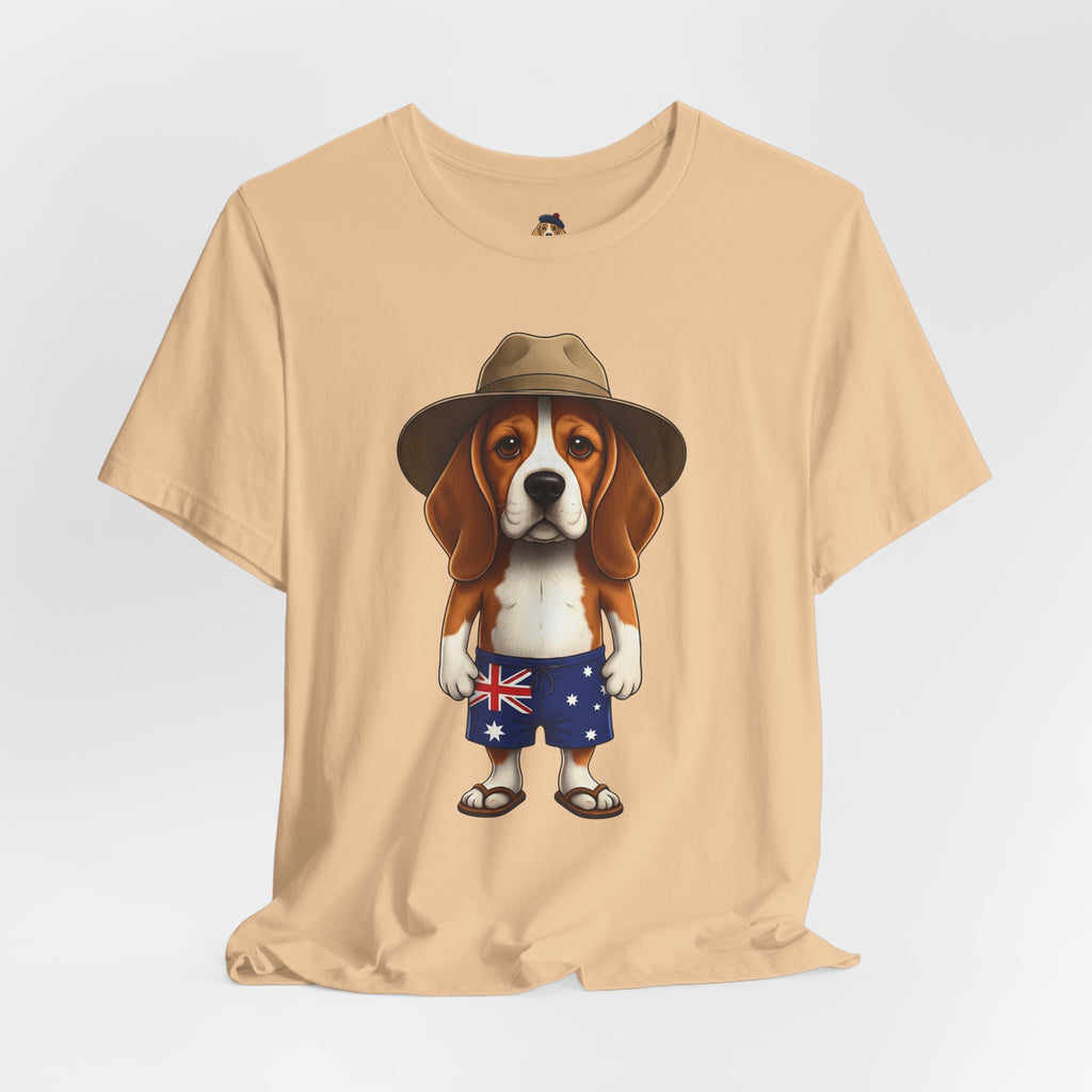 Beagle Aussie Summer Tee - Cute Dog in Akubra Hat & Australian Flag Shorts