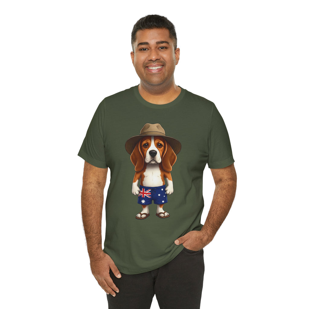 Beagle Aussie Summer Tee - Cute Dog in Akubra Hat & Australian Flag Shorts