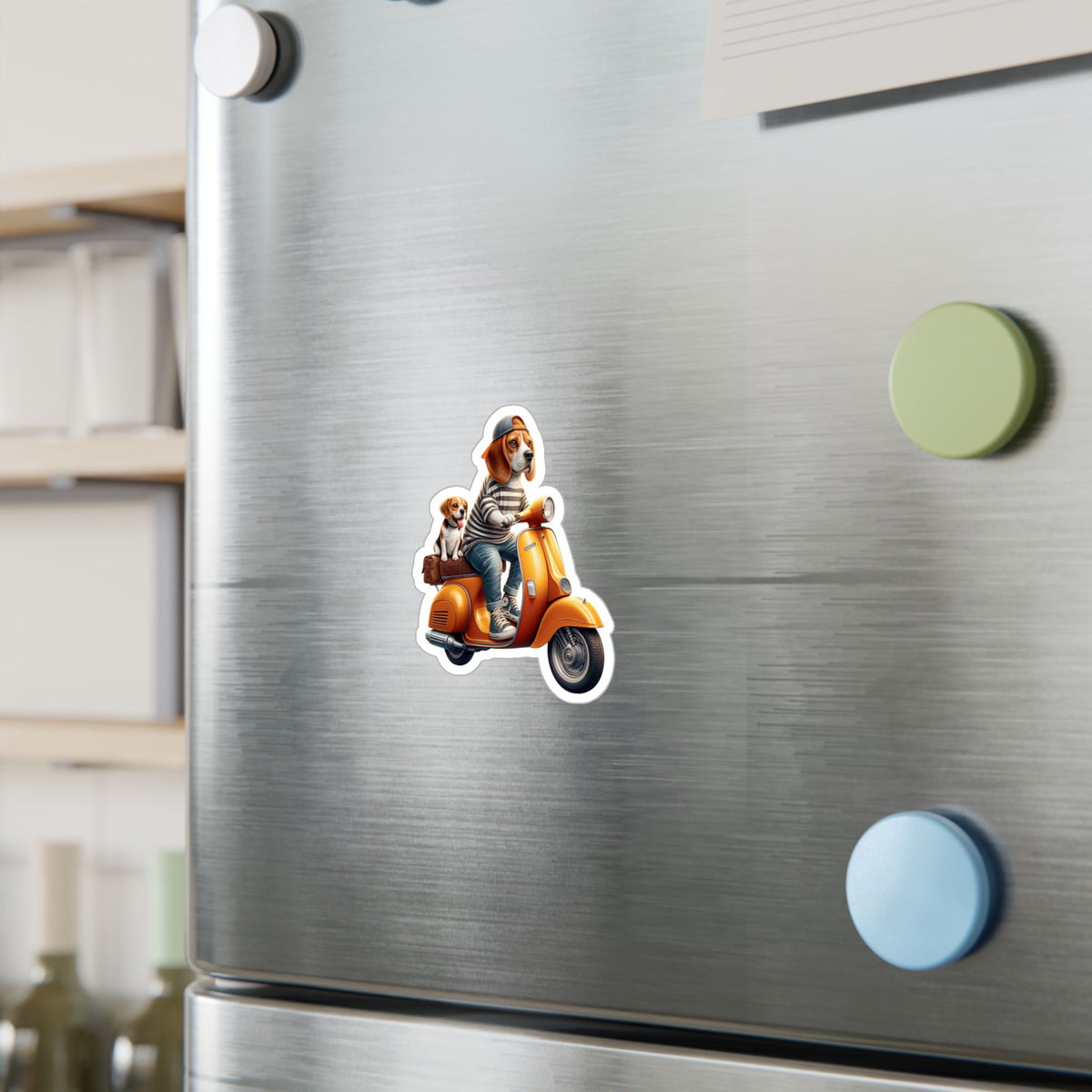 Beagle on Orange Vespa Kiss-Cut Vinyl Decal — Cute ‘La Dolce Vita’ Scooter Sticker