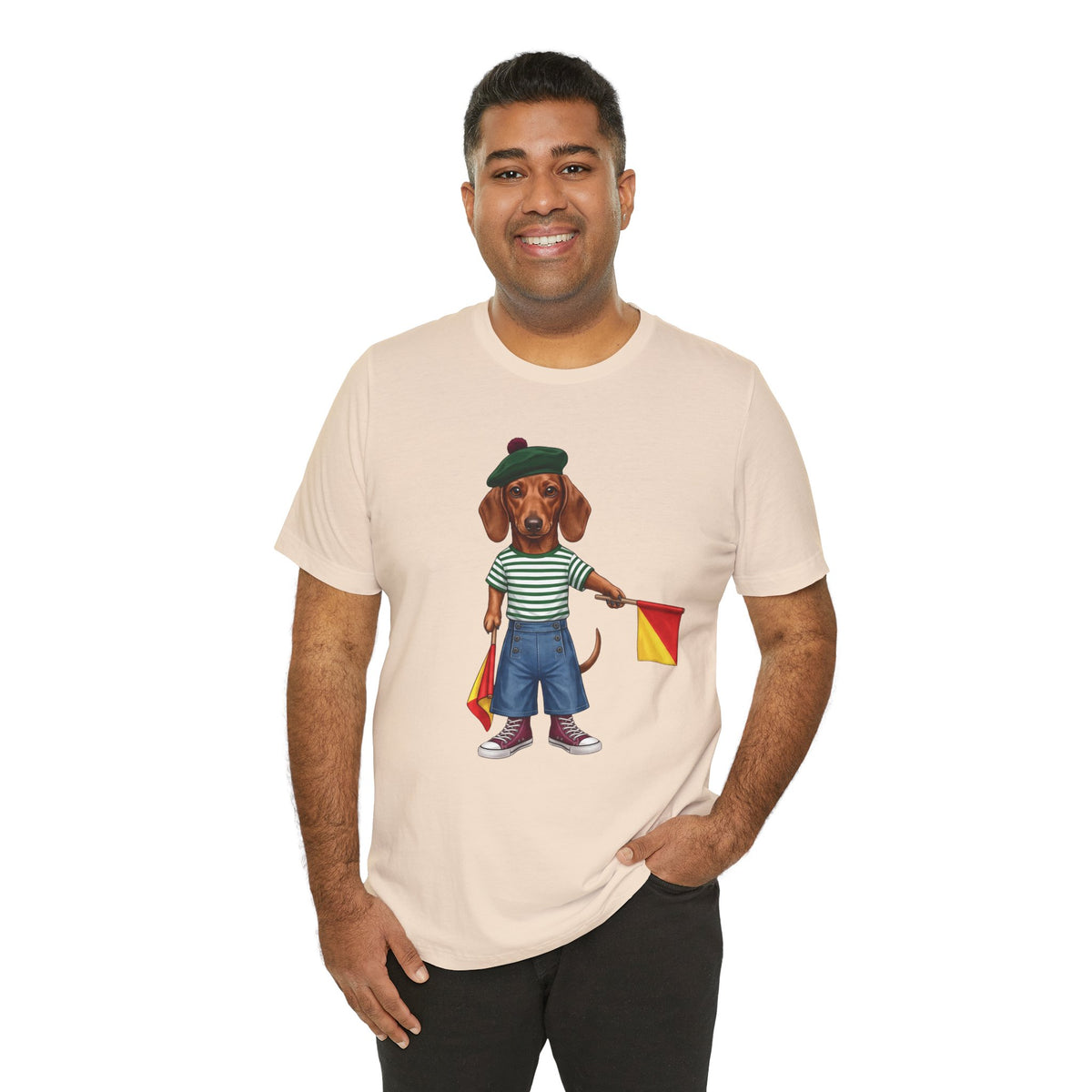 Semaphore Dachshund Graphic Unisex T-Shirt – Letter B | Maritime Signal Dog Tee
