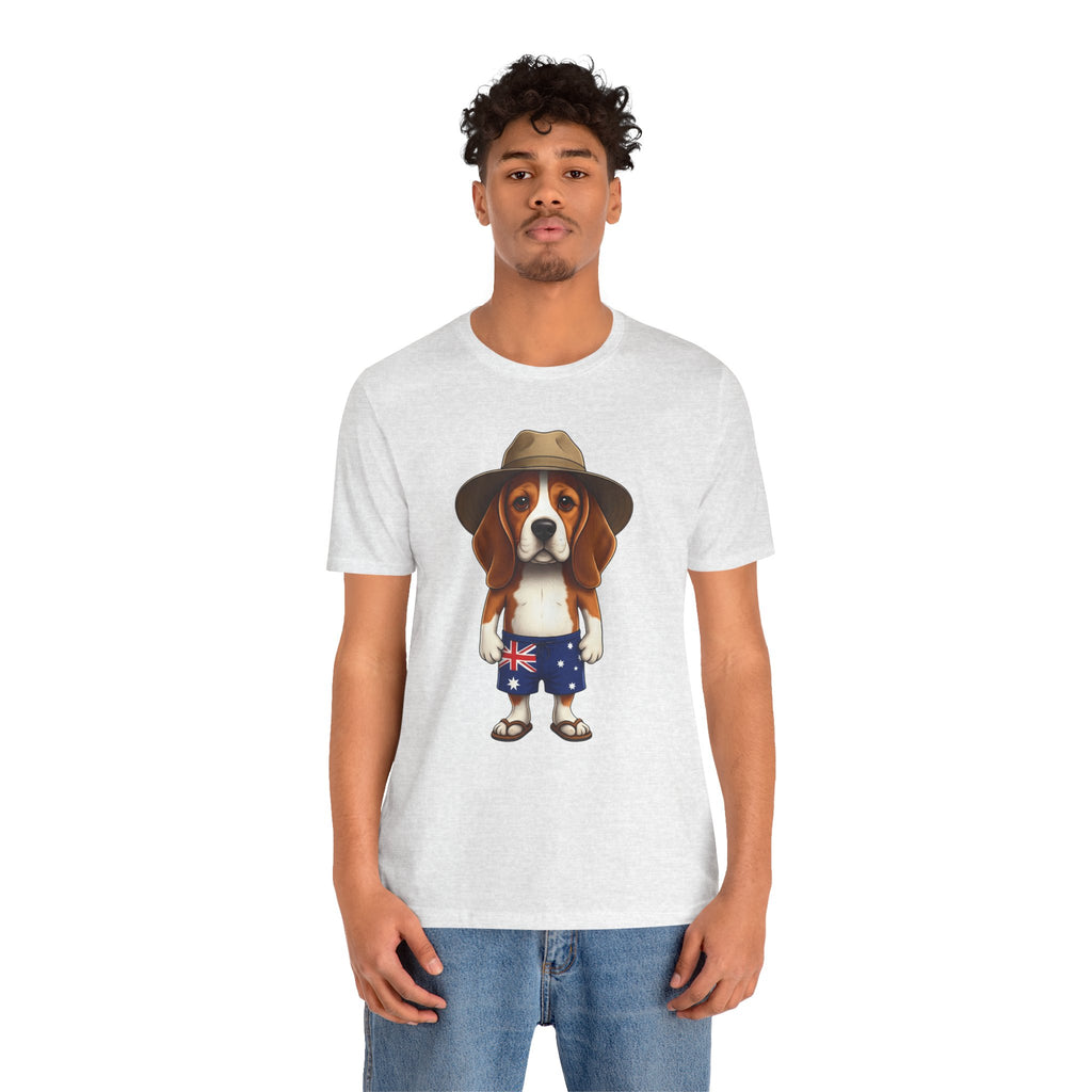 Beagle Aussie Summer Tee - Cute Dog in Akubra Hat & Australian Flag Shorts