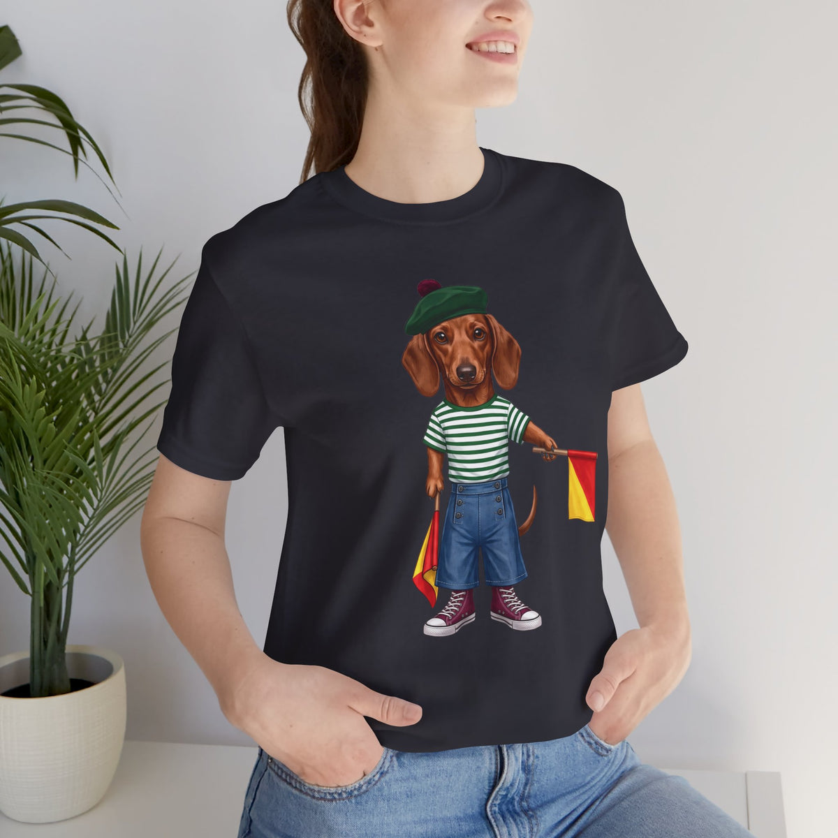 Semaphore Dachshund Graphic Unisex T-Shirt – Letter B | Maritime Signal Dog Tee