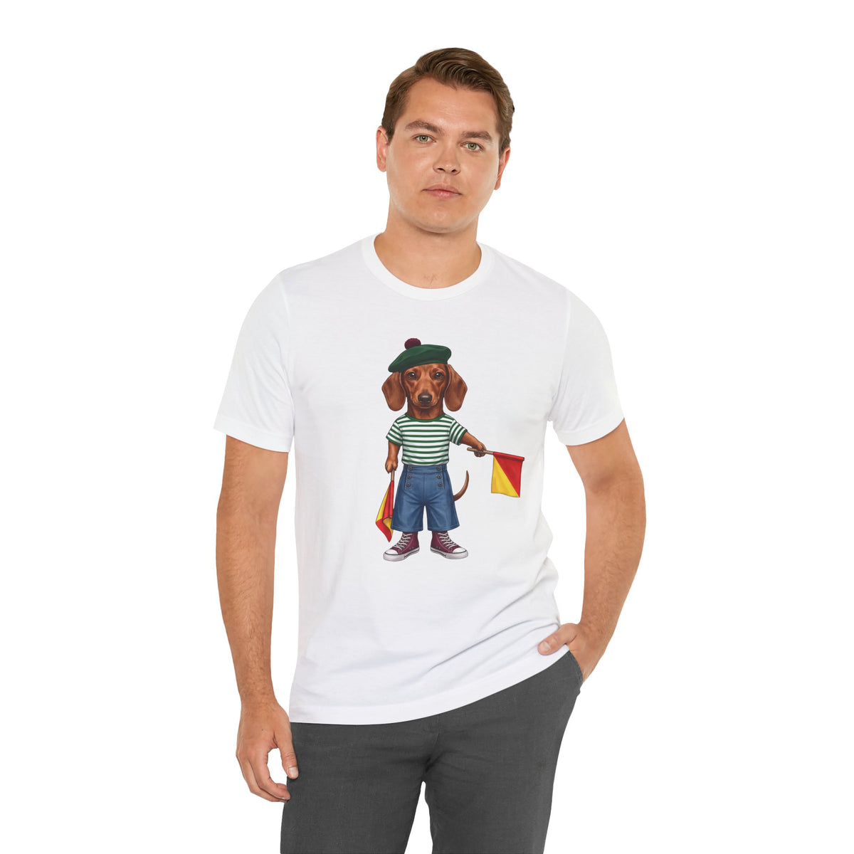 Semaphore Dachshund Graphic Unisex T-Shirt – Letter B | Maritime Signal Dog Tee