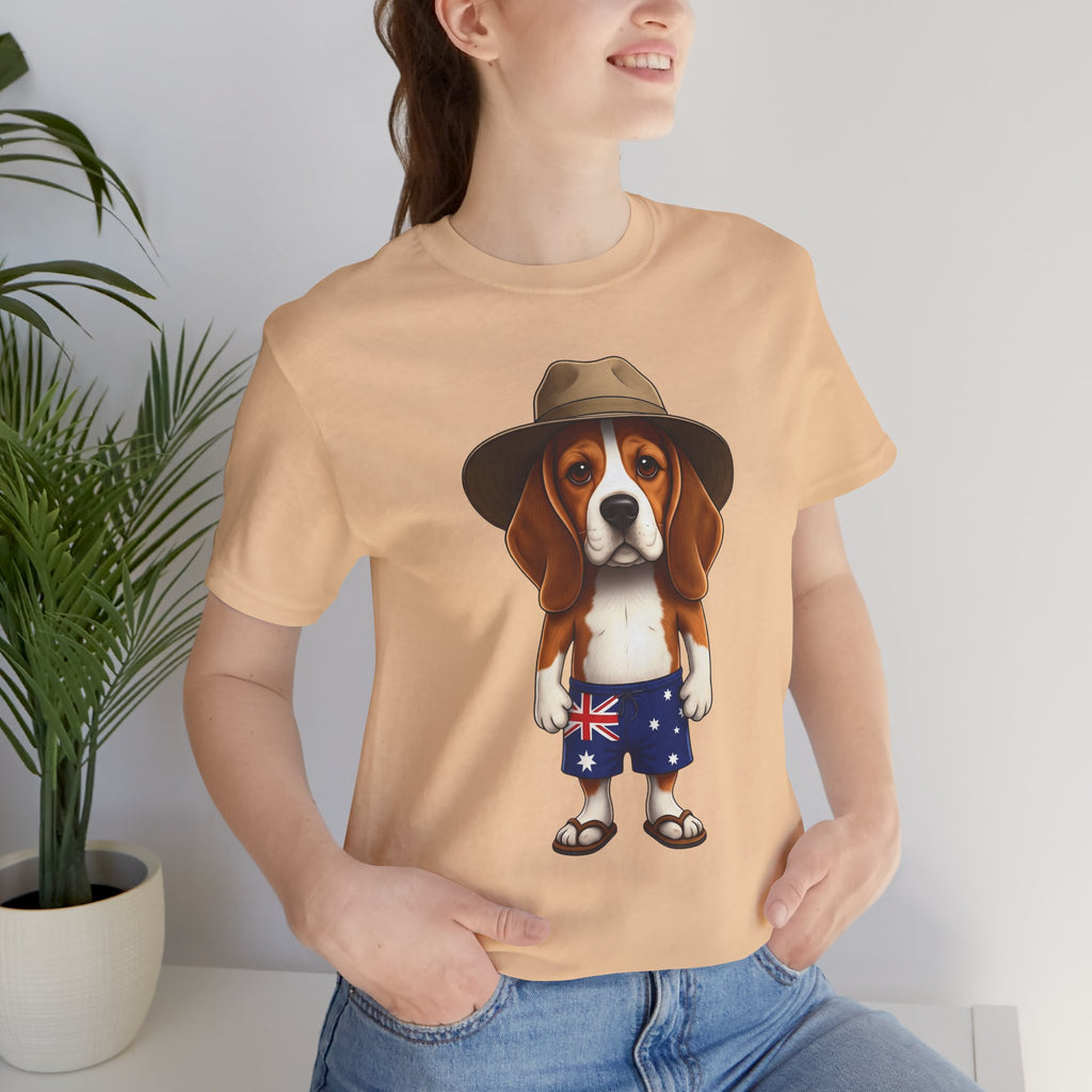 Beagle Aussie Summer Tee - Cute Dog in Akubra Hat & Australian Flag Shorts