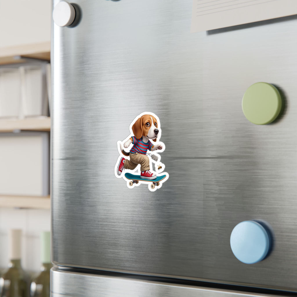 Skateboarding Beagle Sticker — Cute Vinyl Kiss-Cut Decal for Laptops, Water Bottles & Windows