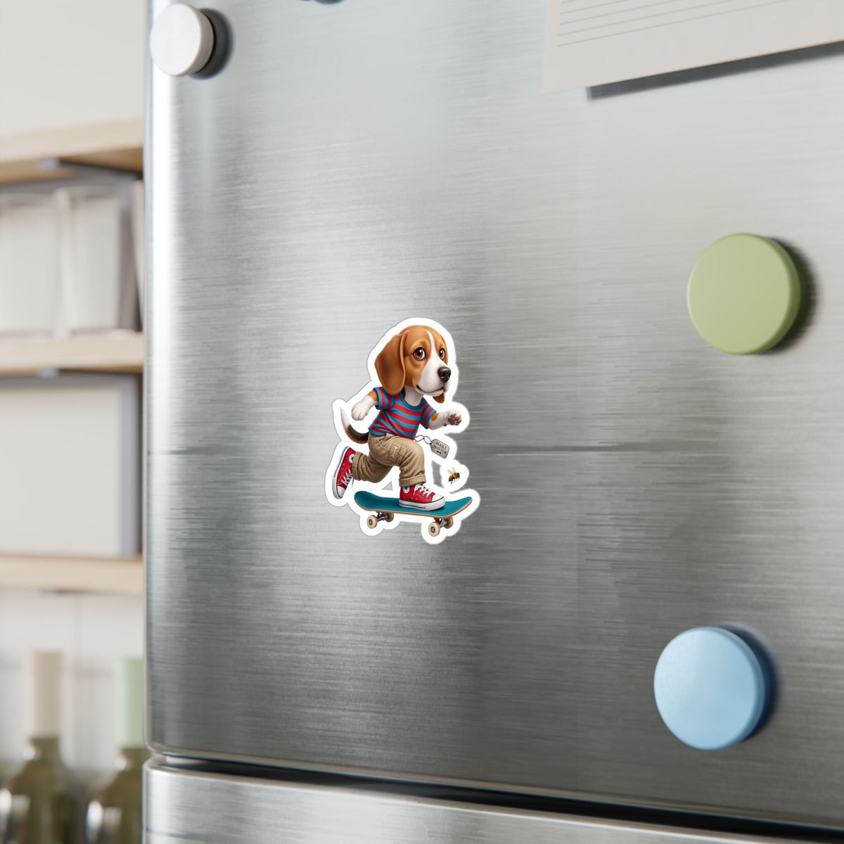 Skateboarding Beagle Sticker — Cute Vinyl Kiss-Cut Decal for Laptops, Water Bottles & Windows