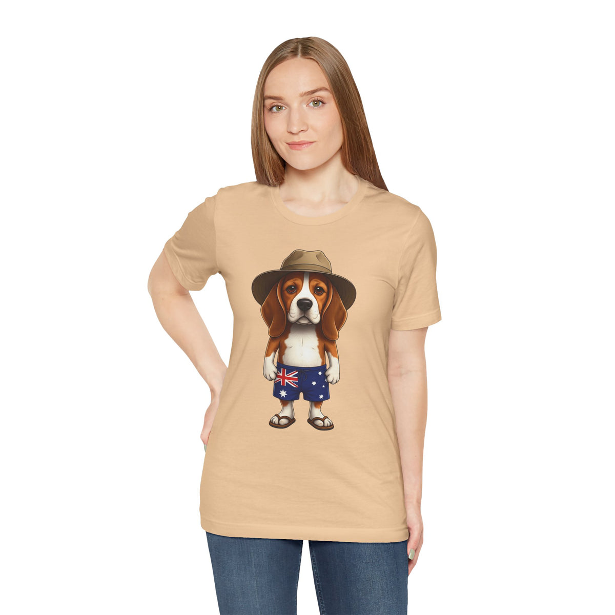 Beagle Aussie Summer Tee - Cute Dog in Akubra Hat & Australian Flag Shorts