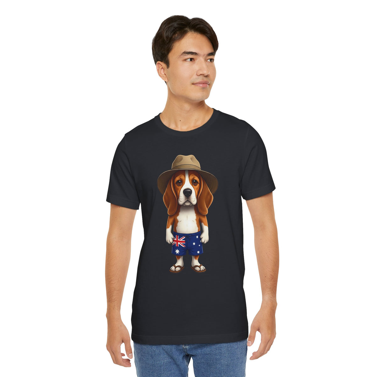 Beagle Aussie Summer Tee - Cute Dog in Akubra Hat & Australian Flag Shorts