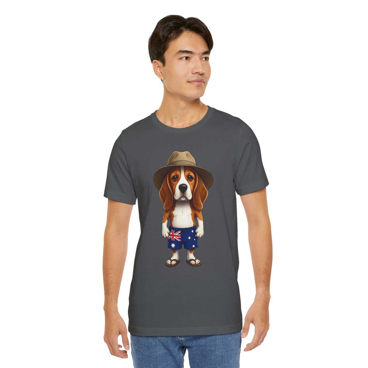 Beagle Aussie Summer Tee - Cute Dog in Akubra Hat & Australian Flag Shorts