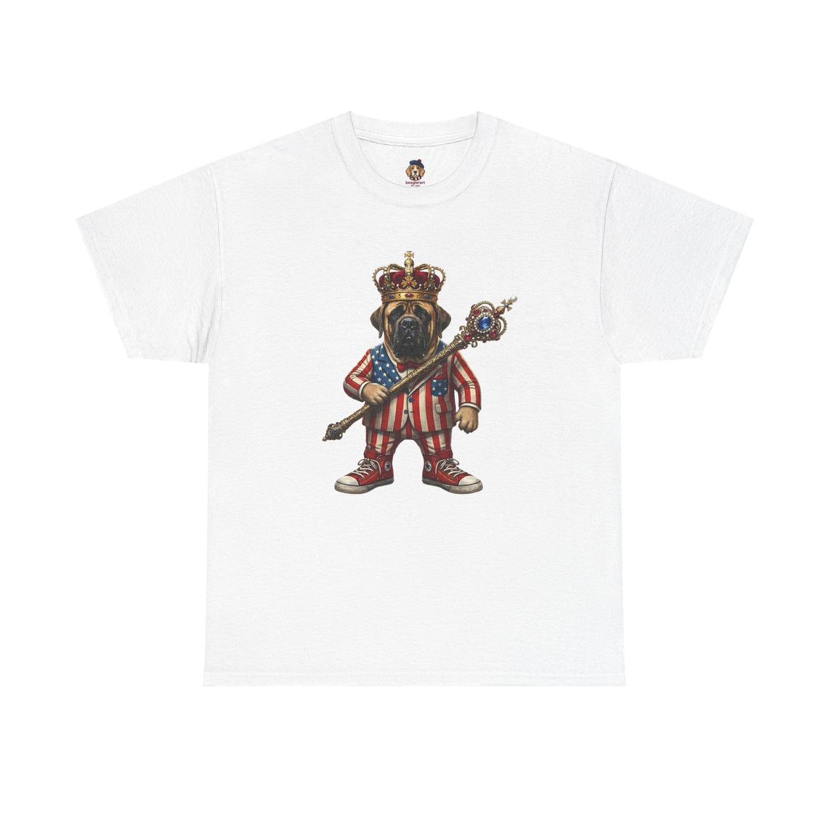 No Kings tee — Stars & Stripes American Mastiff in Crown (Democracy Reminder)