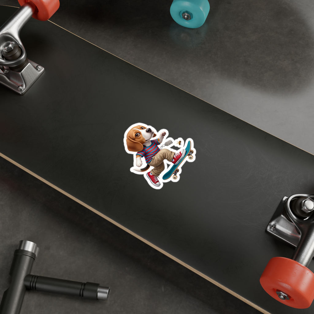 Skateboarding Beagle Sticker — Cute Vinyl Kiss-Cut Decal for Laptops, Water Bottles & Windows