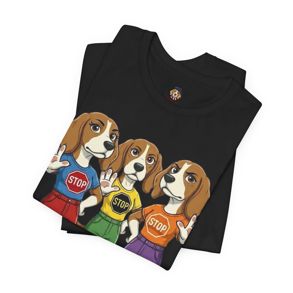 Beagle Stop Sign Trio T-Shirt — Say No to Gender Violence