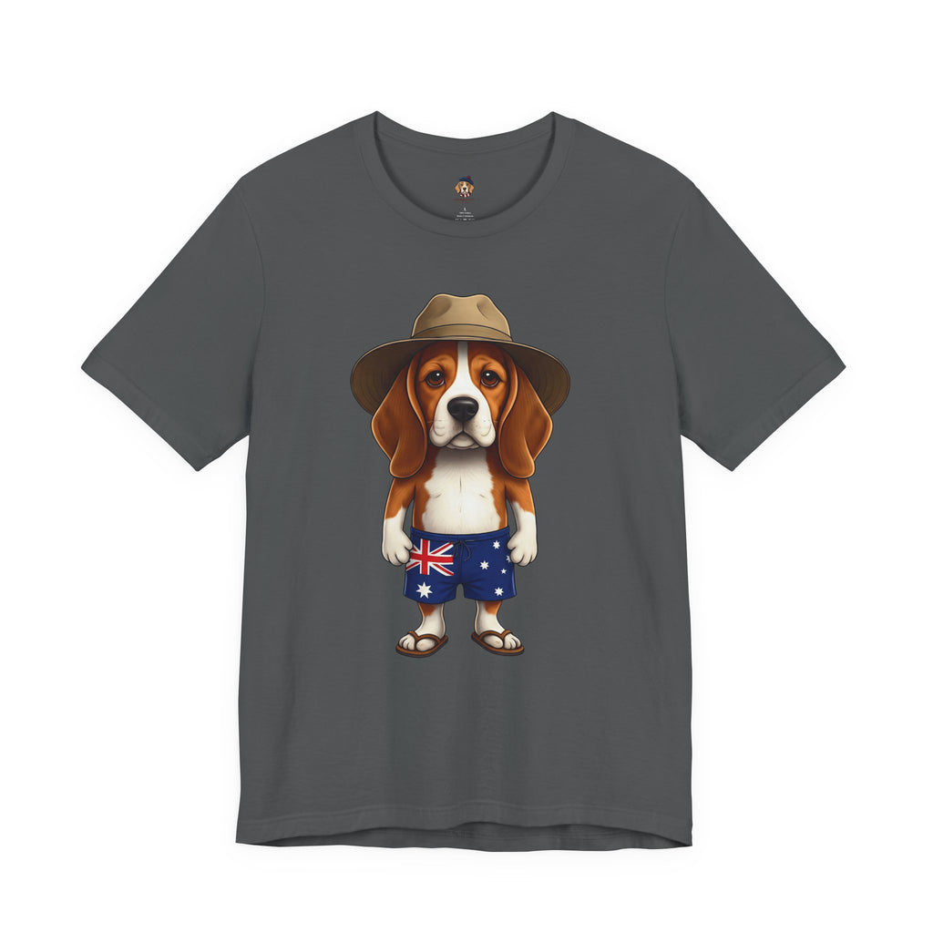 Beagle Aussie Summer Tee - Cute Dog in Akubra Hat & Australian Flag Shorts