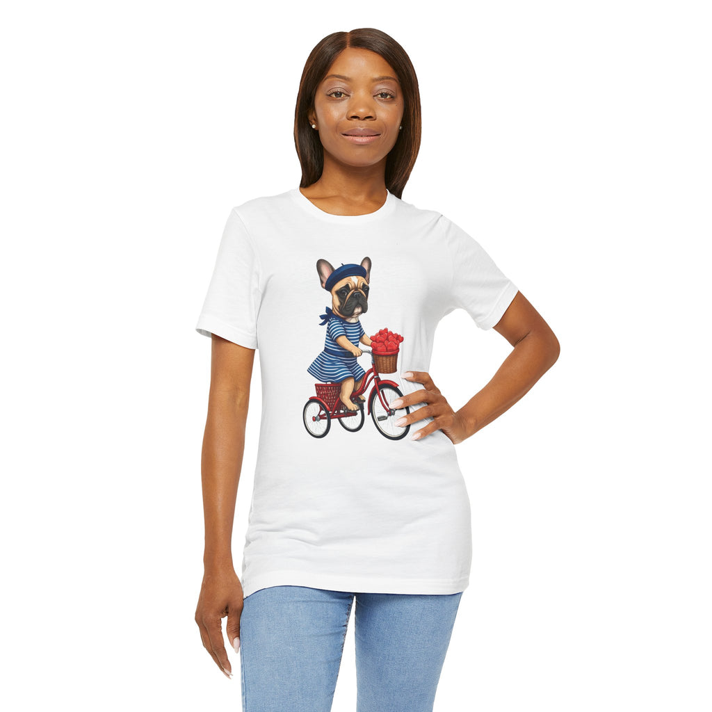 Frenchie à Vélo T-Shirt — French Bulldog on Bicycle with Heart Roses Tee
