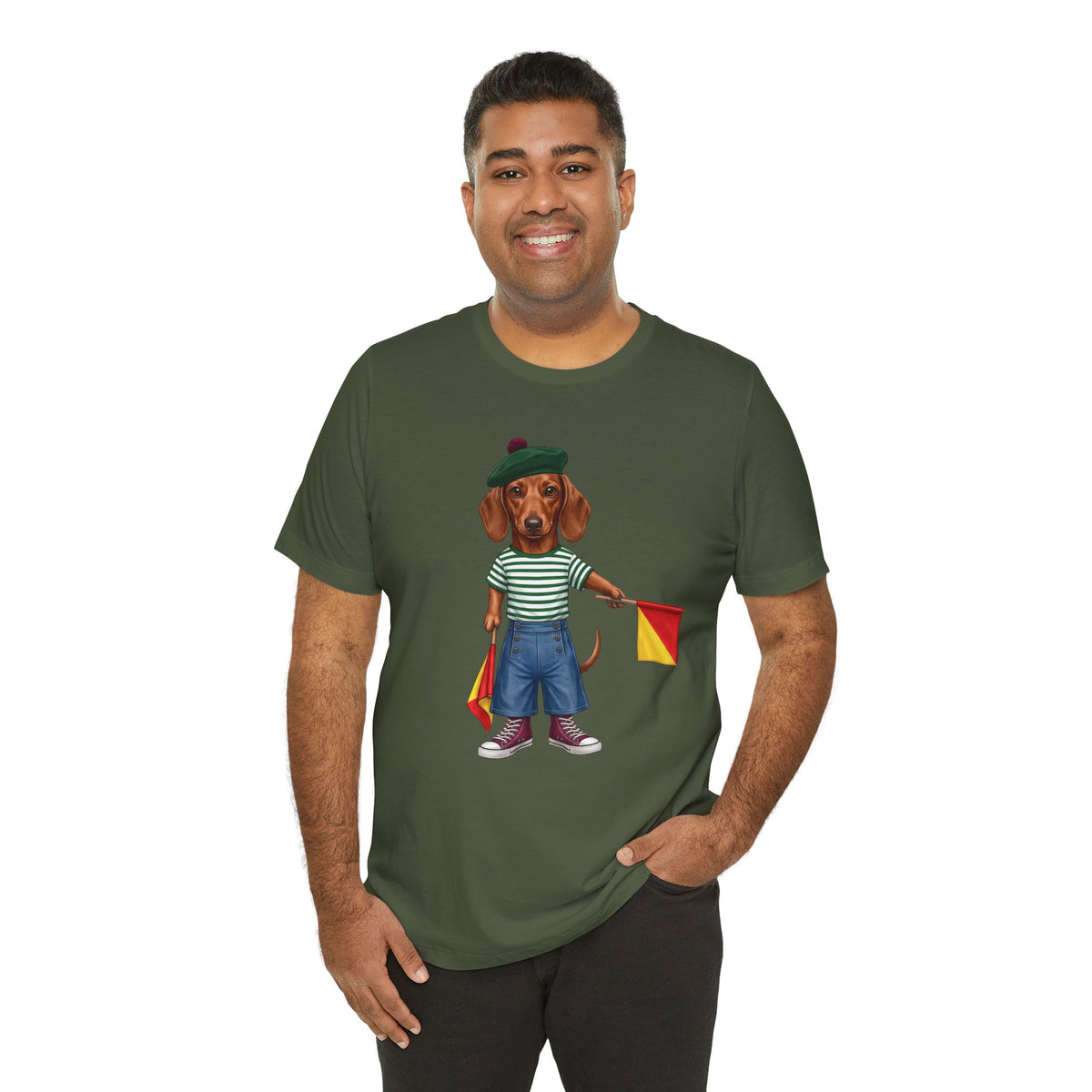 Semaphore Dachshund Graphic Unisex T-Shirt – Letter B | Maritime Signal Dog Tee