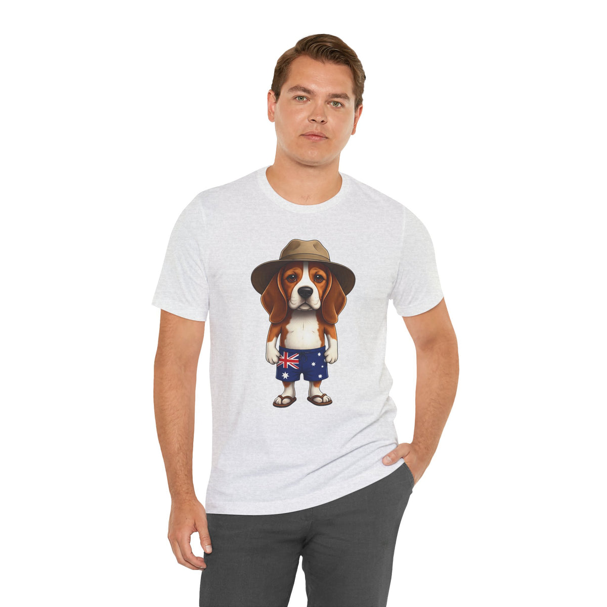 Beagle Aussie Summer Tee - Cute Dog in Akubra Hat & Australian Flag Shorts