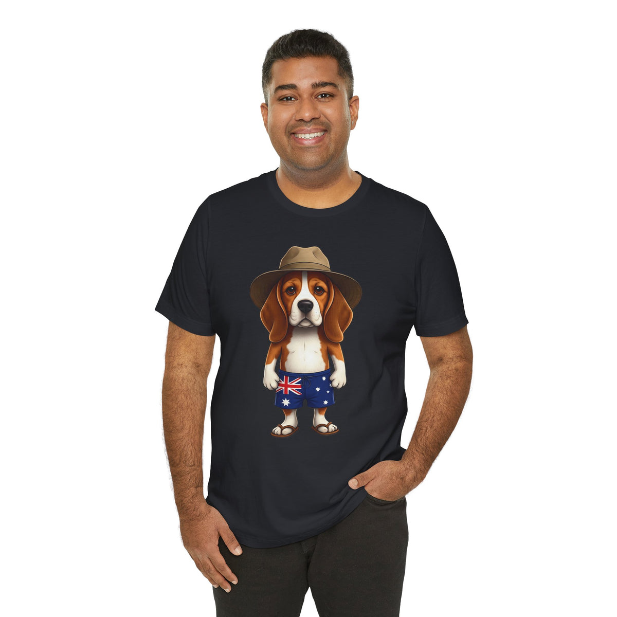 Beagle Aussie Summer Tee - Cute Dog in Akubra Hat & Australian Flag Shorts