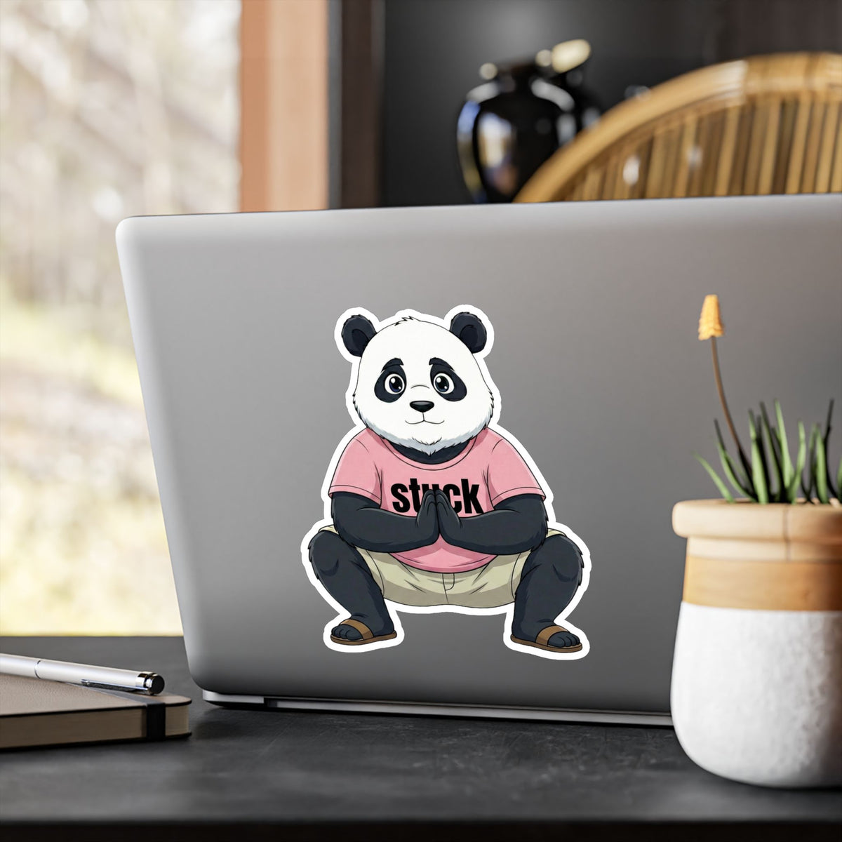 Stuck Panda Vinyl Sticker – Waterproof Zen Yoga Decal for Laptops & Water Bottles