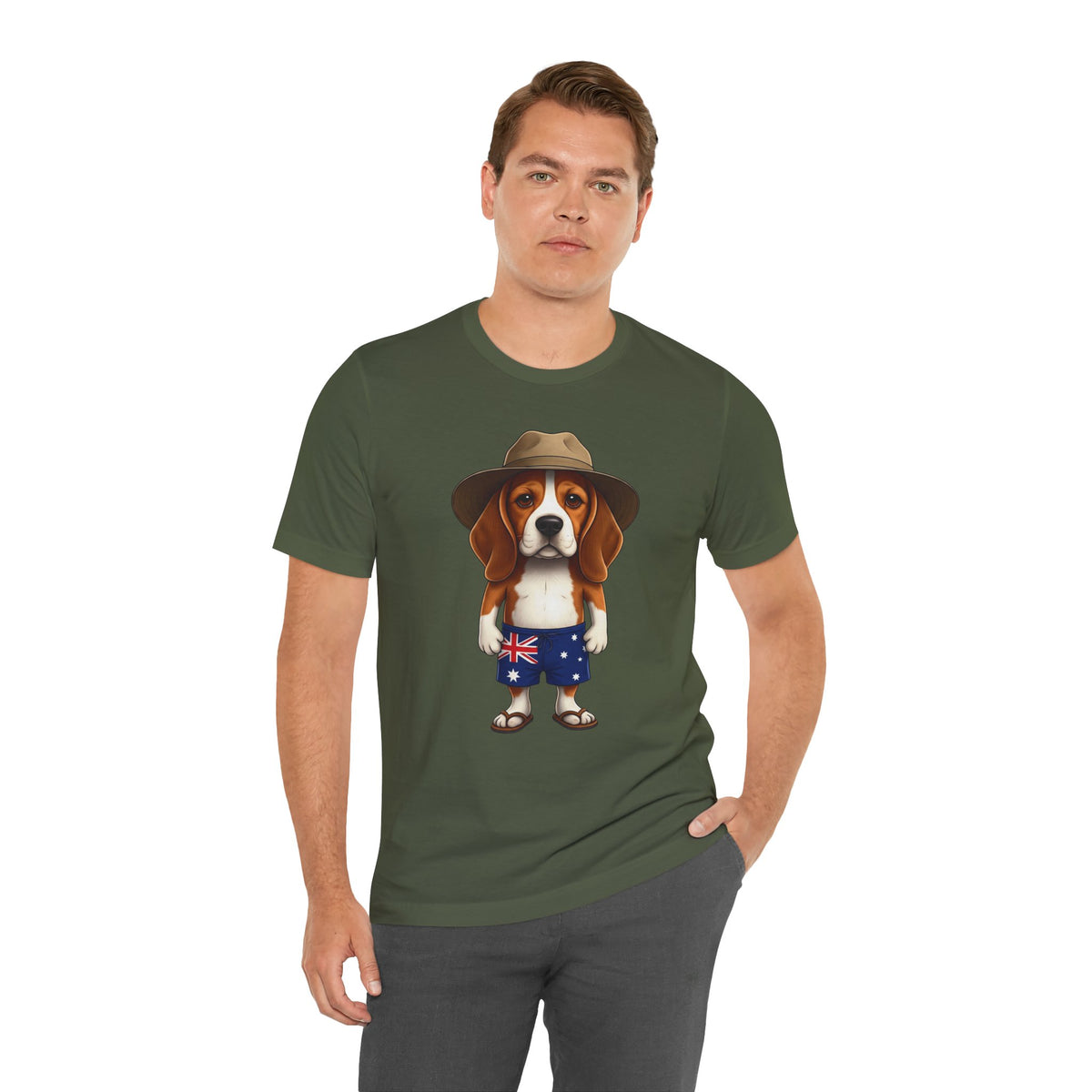 Beagle Aussie Summer Tee - Cute Dog in Akubra Hat & Australian Flag Shorts