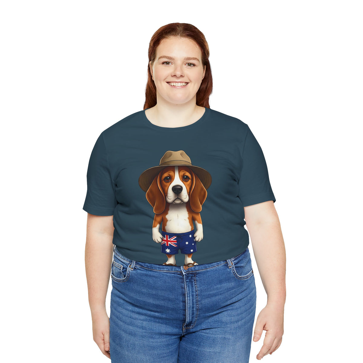 Beagle Aussie Summer Tee - Cute Dog in Akubra Hat & Australian Flag Shorts