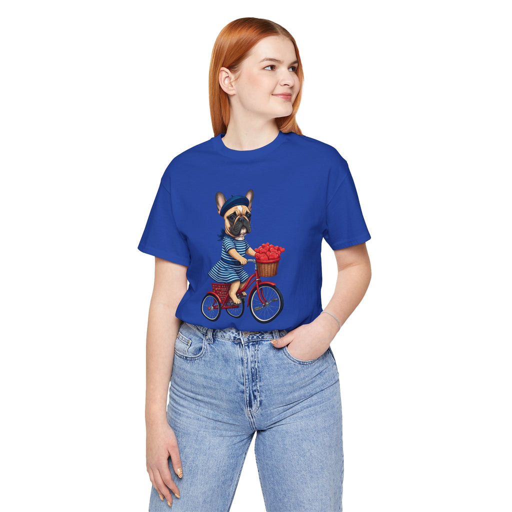 Frenchie à Vélo T-Shirt — French Bulldog on Bicycle with Heart Roses Tee